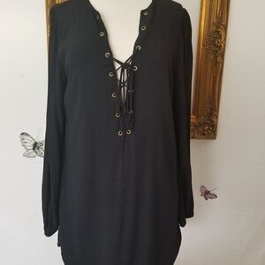 Maddy K lace up front black tunic dress